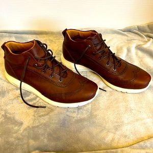 Brown, leather, low-cut boots. Lightly worn.